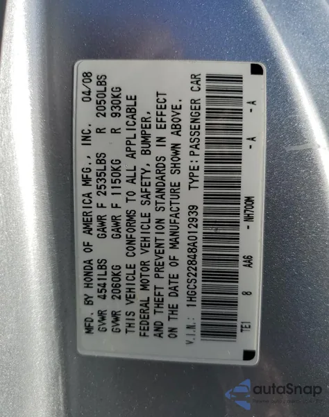 2008 Honda Accord Exl из США, поврежденный, VIN 1HGCS22848A012939